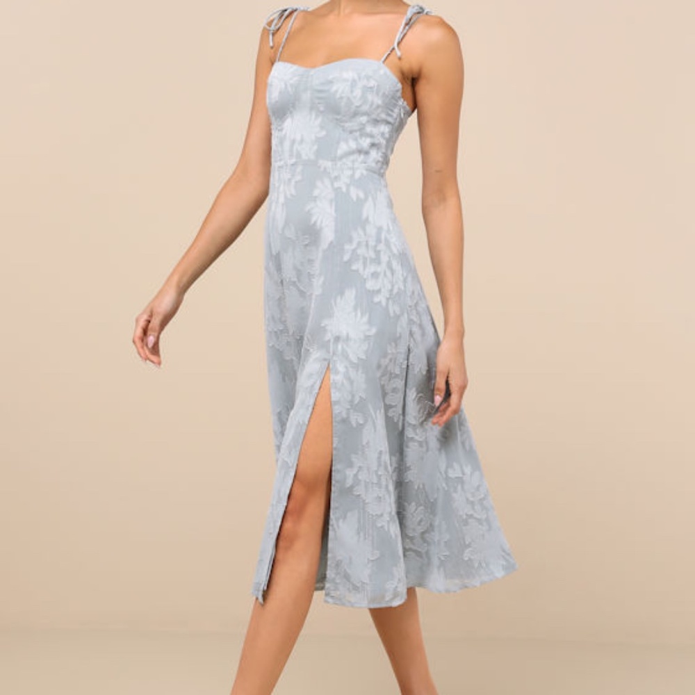 Lulus Loveliest Looks Dusty Blue Floral Jacquard Tie-strap Midi Dress - Size L